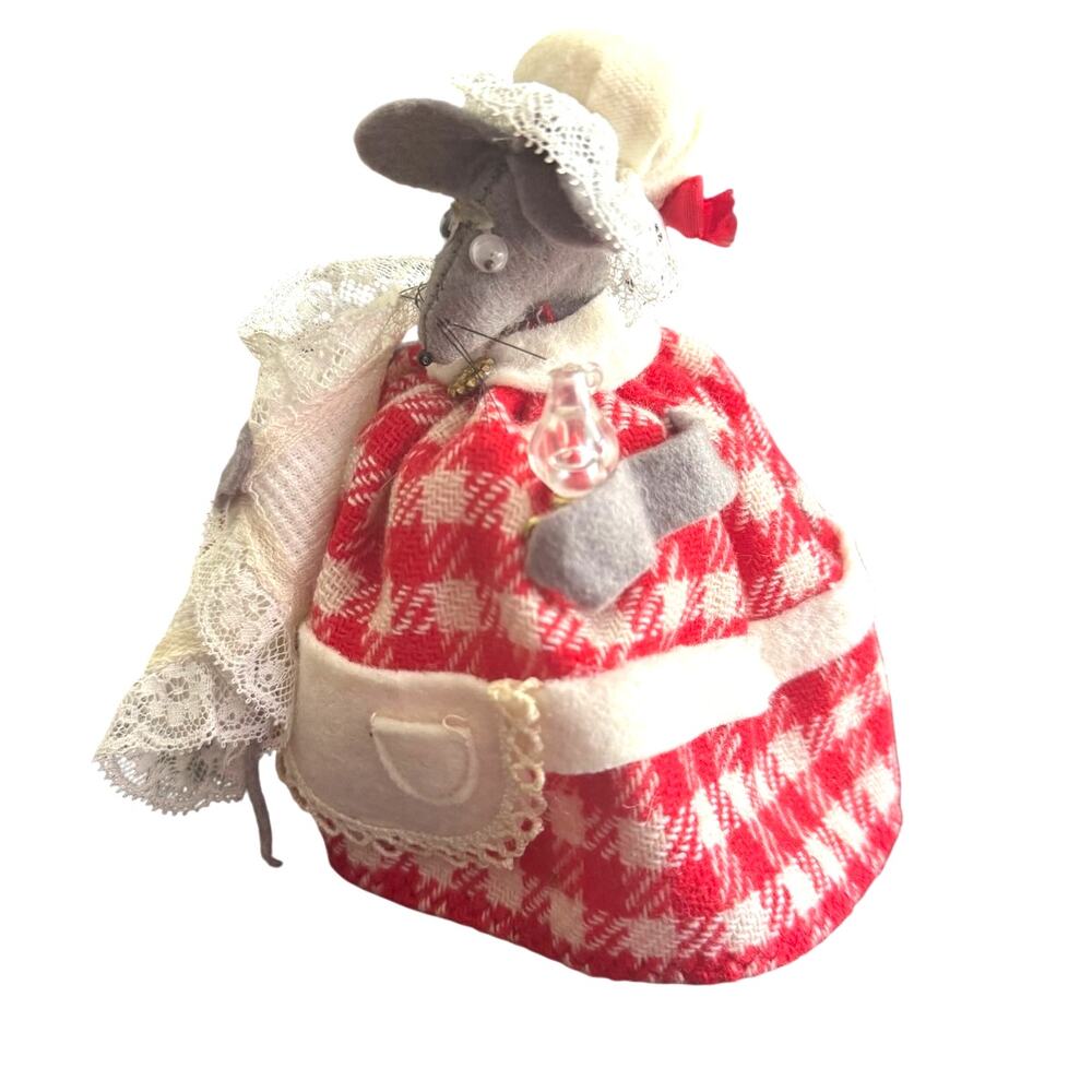 VTG Mice Folk Art Handmade Mouse Holding Lantern Red‎ And White Grey - Picture 2 of 7